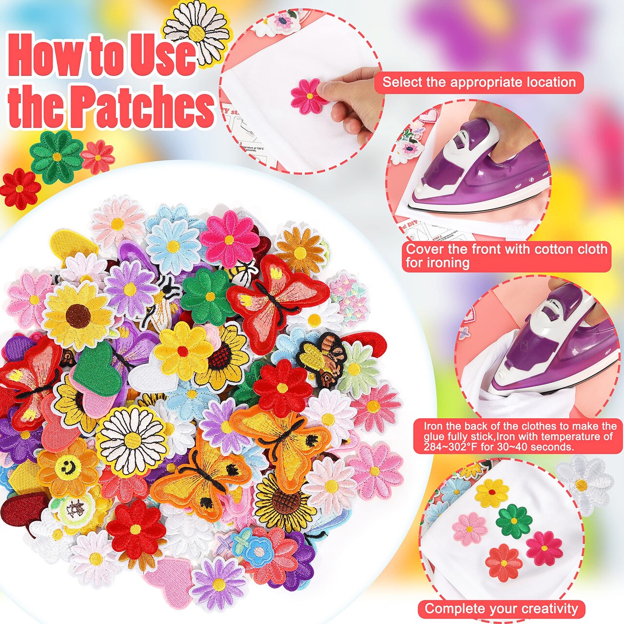Random Iron on Patches for Clothing: 120PCS Flower Heart Patch Iron on Cute Butterfly Embroidered Sew Applique Repair Patches for Jeans Jackets Backpacks